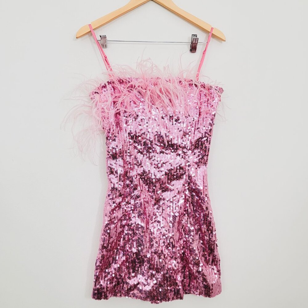Anthropologie Audrey Adele Pink Feather Sequin Mini Dress Small - Picture 2 of 6